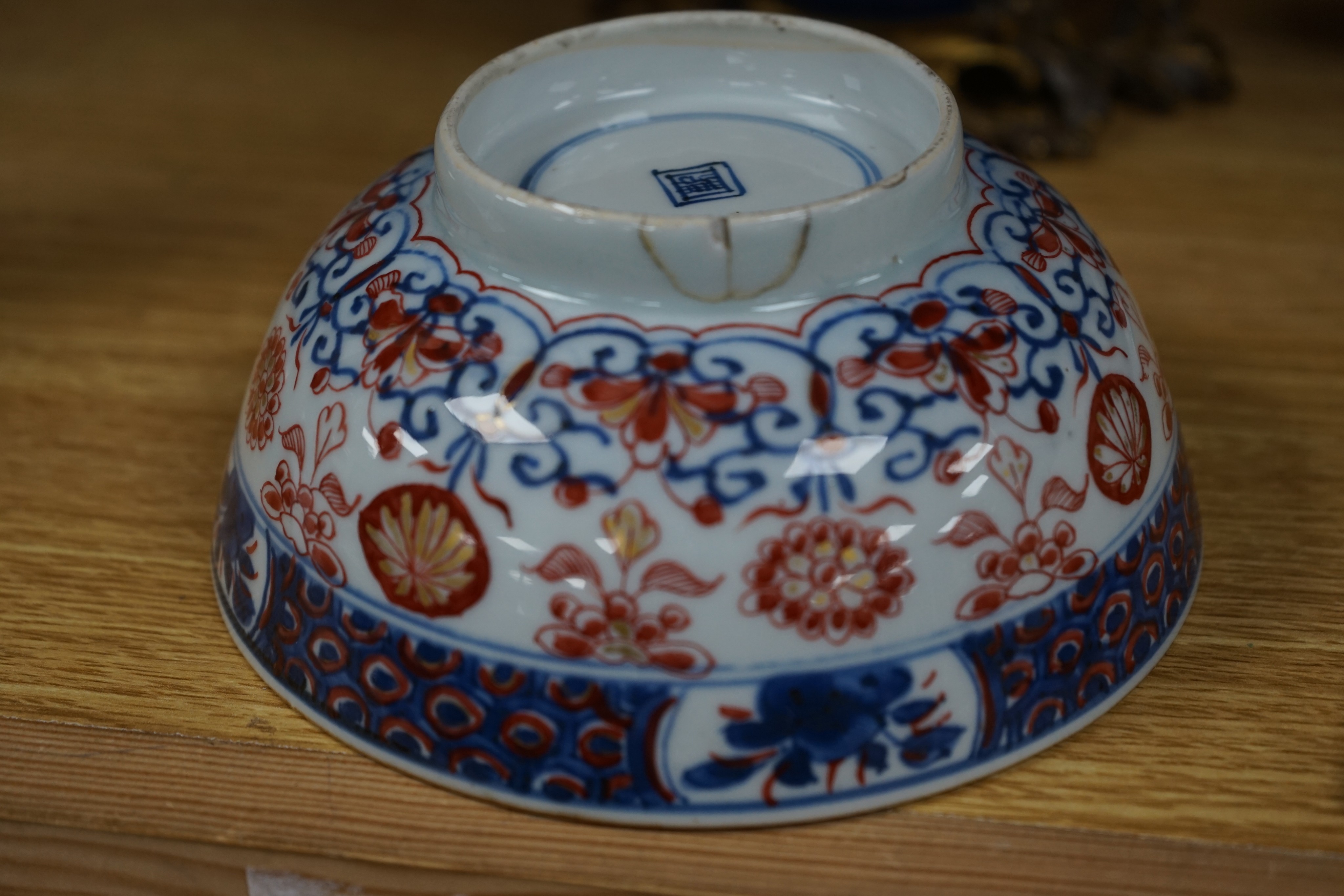 An 18th century Chinese clobbered blue and white bowl, a Samson powder blue ormolu mounted bowl, 19.5cm wide and a 19th century Chinese doucai style jar